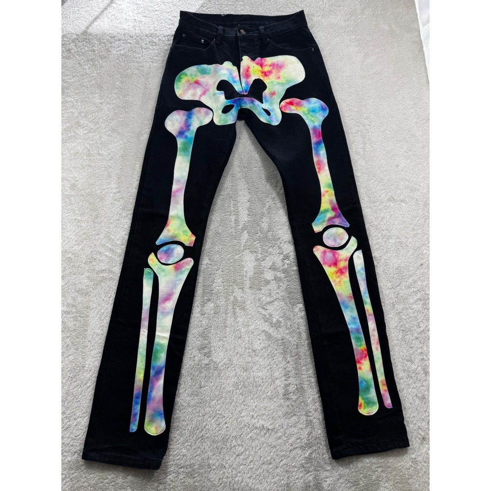 MNML Mens Skeleton Tie Dye Graphic Black Denim Jeans 28 Meas: 28x35.5